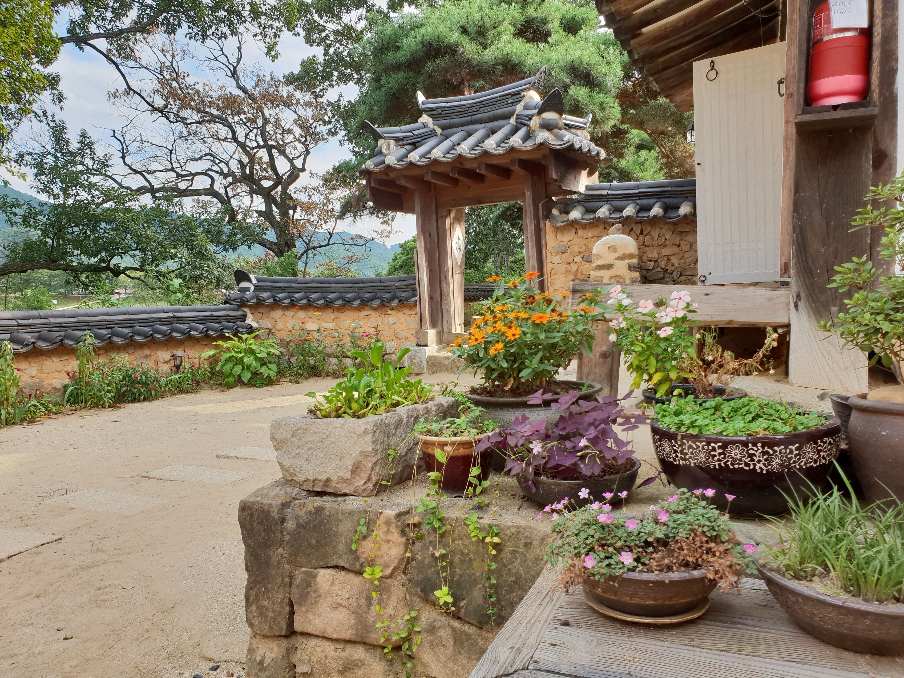 A traditional Korean garden with stone lanterns, potted plants, and a wooden pavilion.