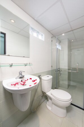 Shower, free toiletries, hair dryer, slippers