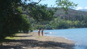 Ein Strand mit zwei Personen, Bäumen und einem Gewässer.