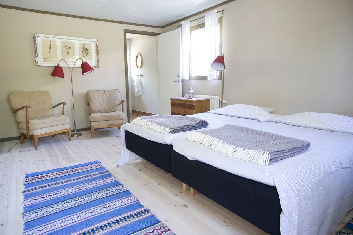 A bedroom with two beds, a chair, a dresser, a mirror, and a window with curtains.