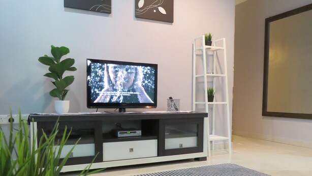 Una sala de estar con televisor de pantalla plana, mueble de entretenimiento blanco, una planta en maceta y una hoja verde grande.
