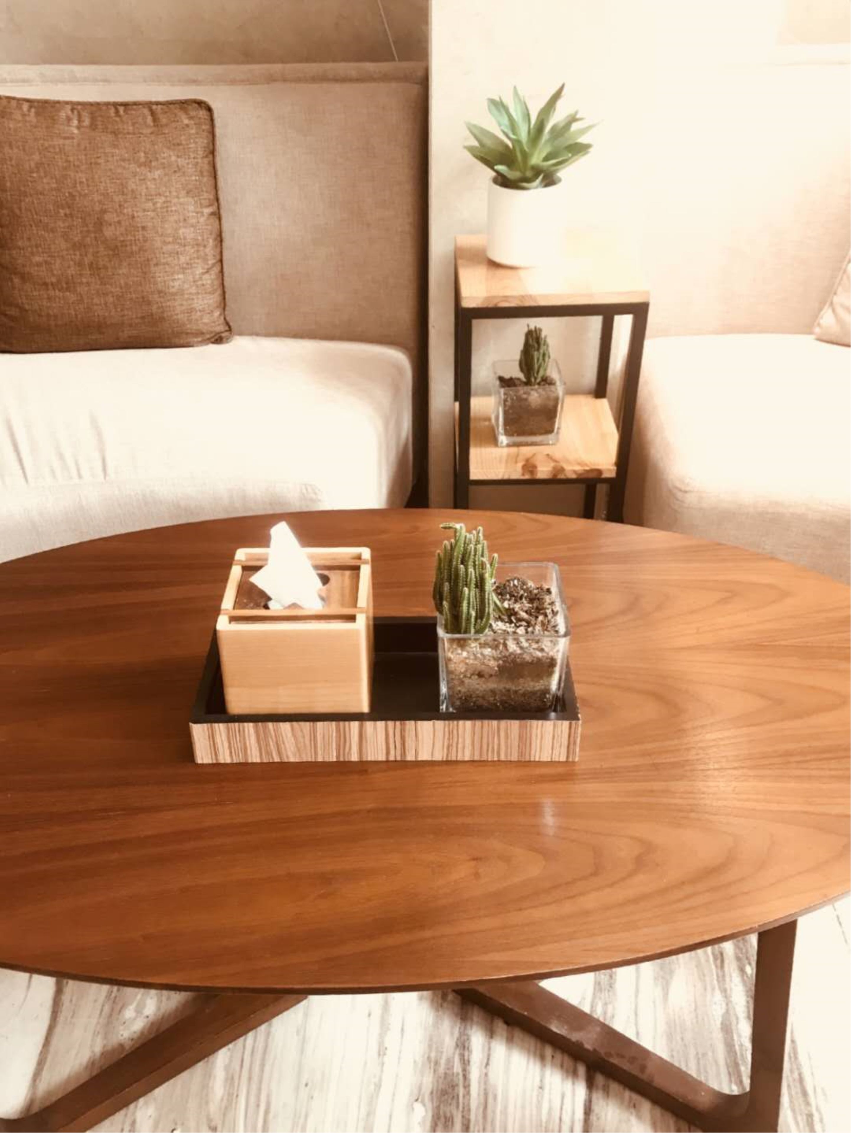 Een ronde houten salontafel met twee vierkante houten dozen met planten.