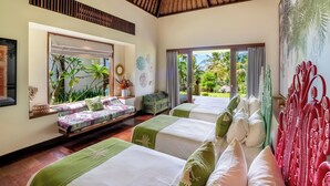 A hotel room with two beds, a large window with a view of palm trees, and a ceiling with a woven pattern. - Villa Palem (Selemadeg)