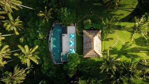 An aerial view of a resort with a swimming pool, a thatched-roof structure, and lush greenery. - Villa Palem (Selemadeg)