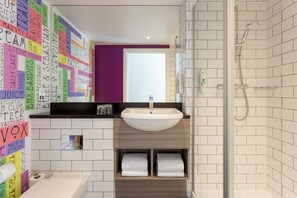 Shower, eco-friendly toiletries, hair dryer, towels