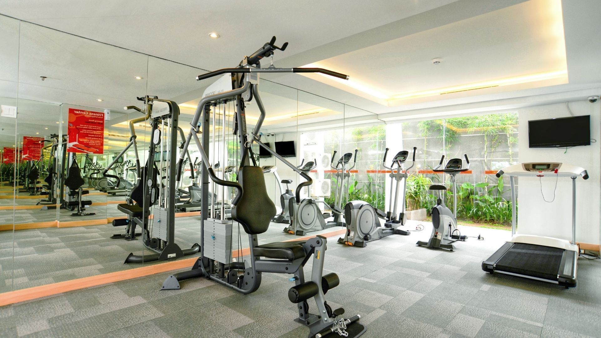 Un gimnasio moderno con diversas máquinas de ejercicio, espejos grandes y vistas al exterior con zonas verdes.
