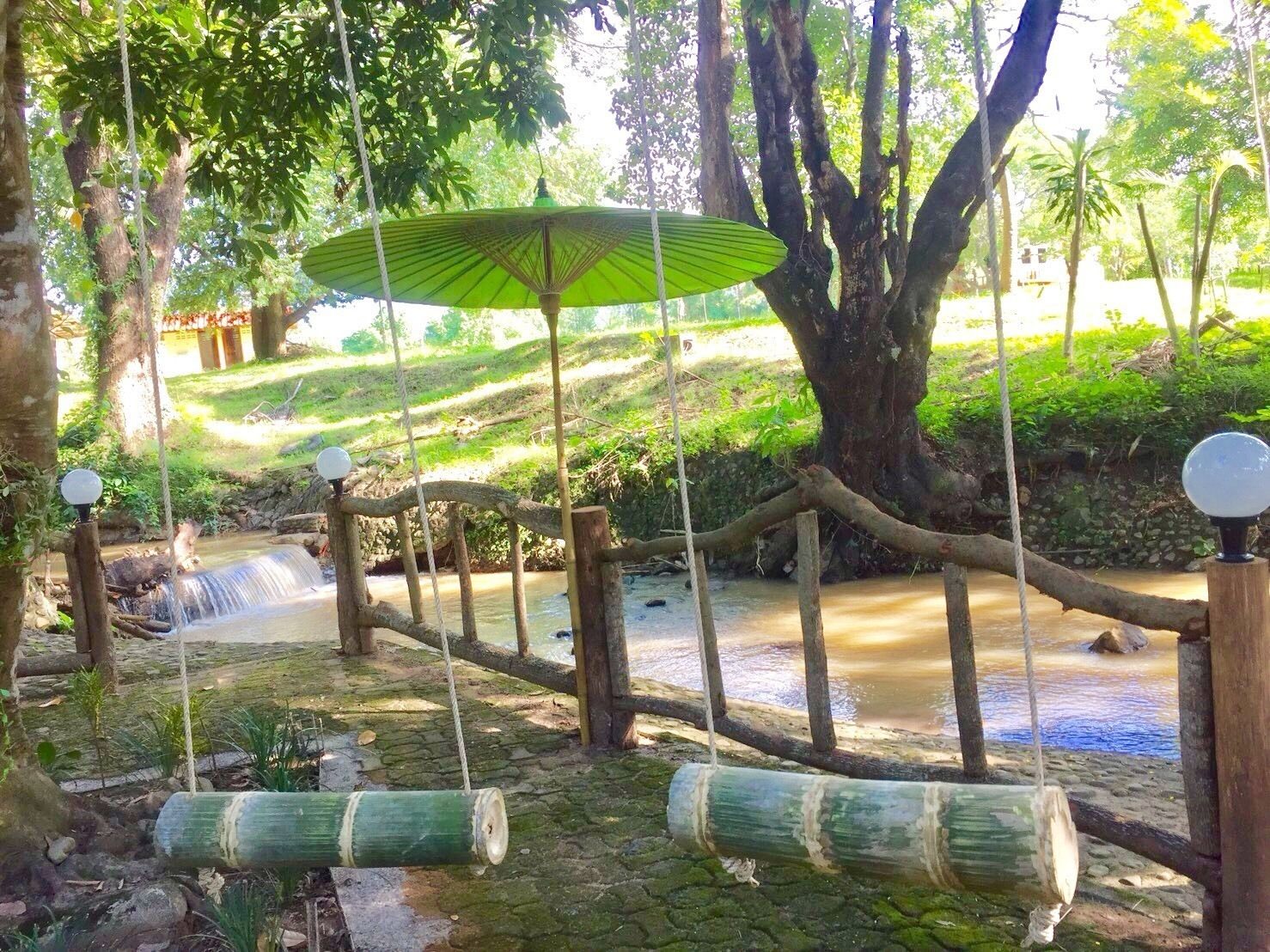 Uma ponte de madeira rústica sobre um riacho, cercada por vegetação exuberante e árvores.