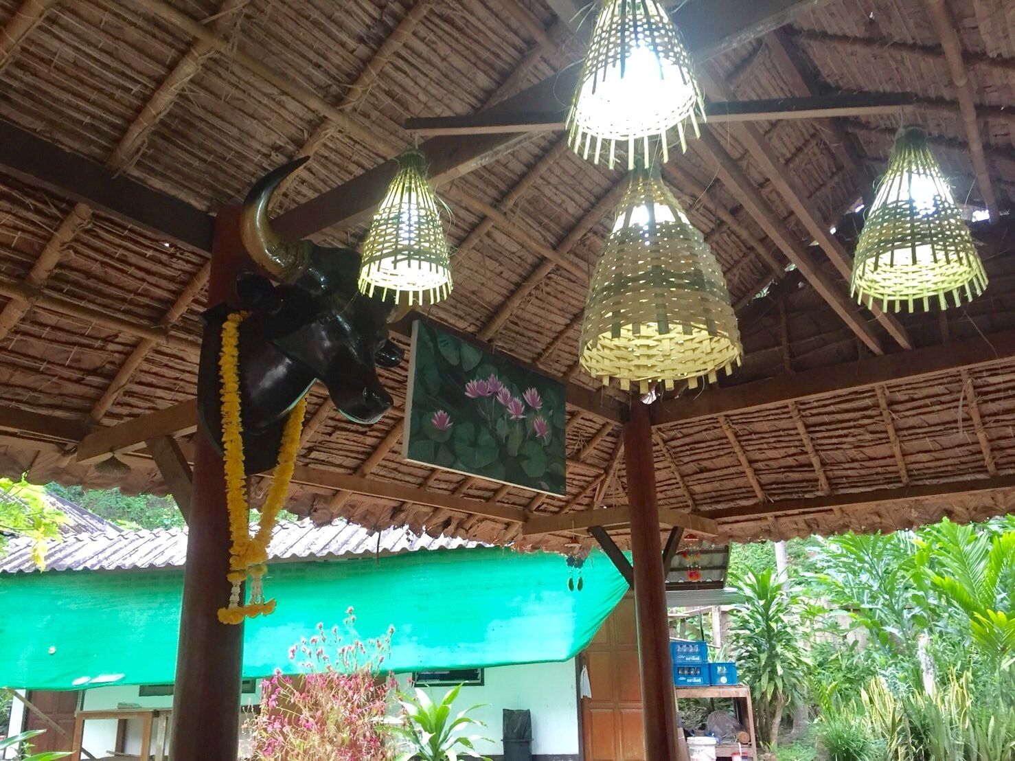 Una estructura rústica con techo de paja, lámparas colgantes tejidas y una decoración con cabeza de toro.