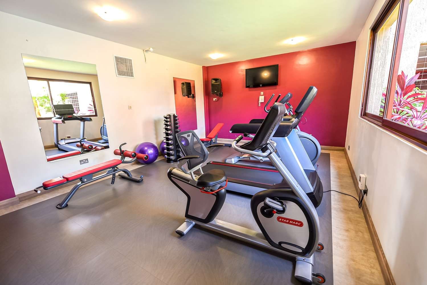 A gym with exercise equipment, a mirror, and a television on the wall.