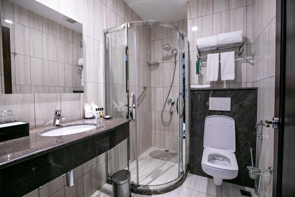 A modern bathroom with a glass-enclosed shower, a sink, and a toilet.