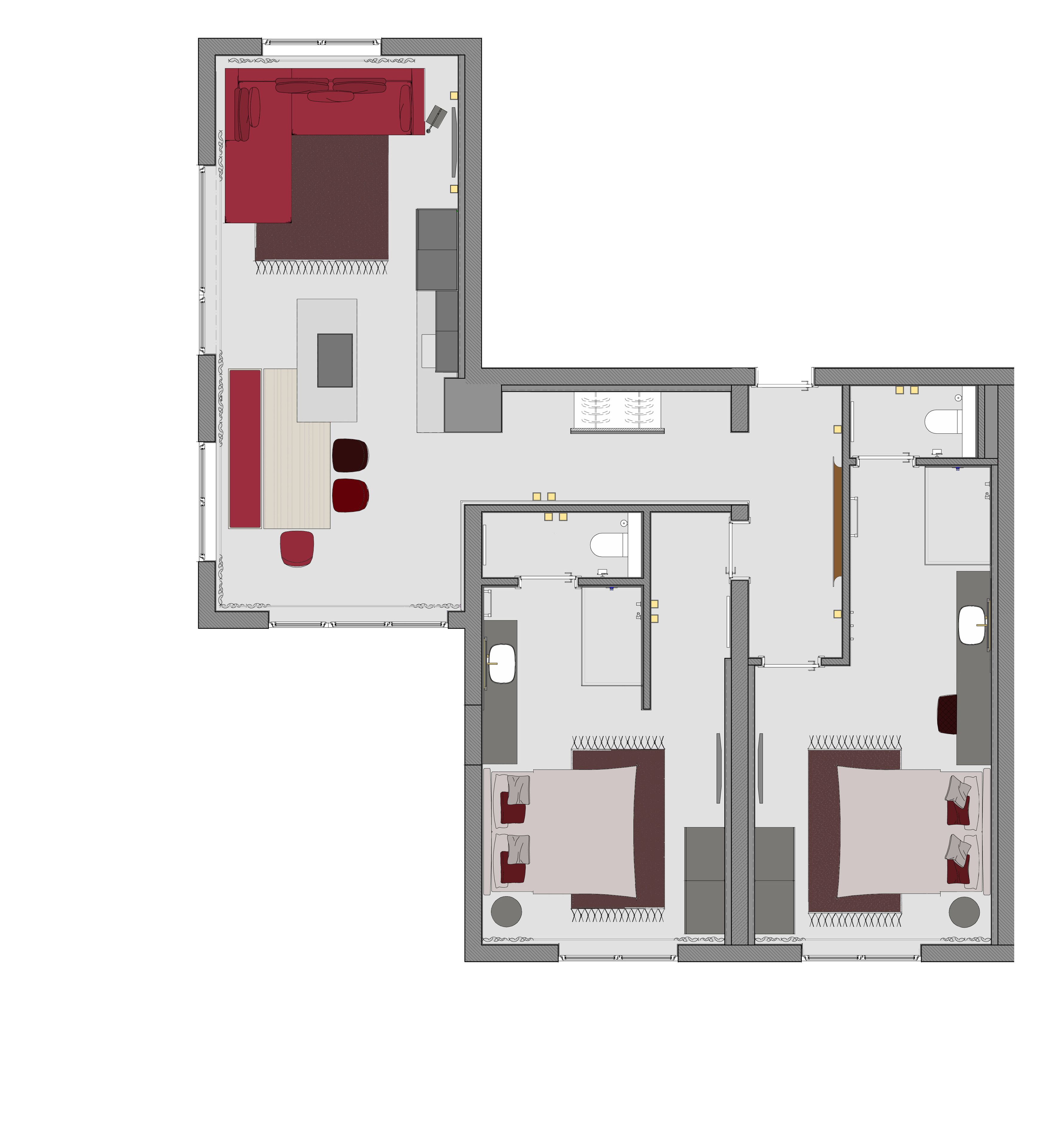 A floor plan of a hotel with a dining area, two bedrooms, a bathroom, and a living room.