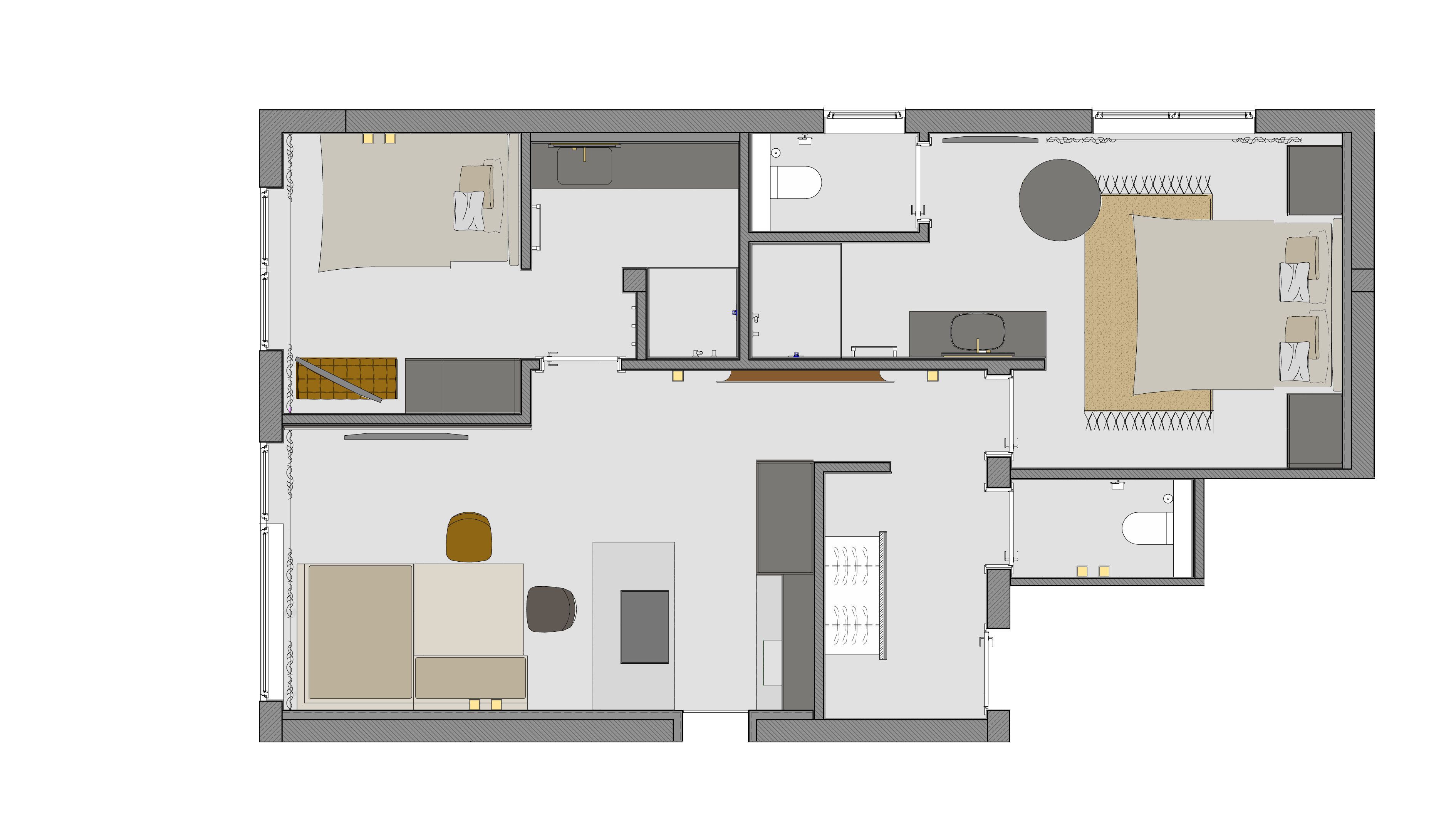 Grundriss eines Hotelzimmers mit Bett, Schreibtisch, Badezimmer und Wohnbereich.