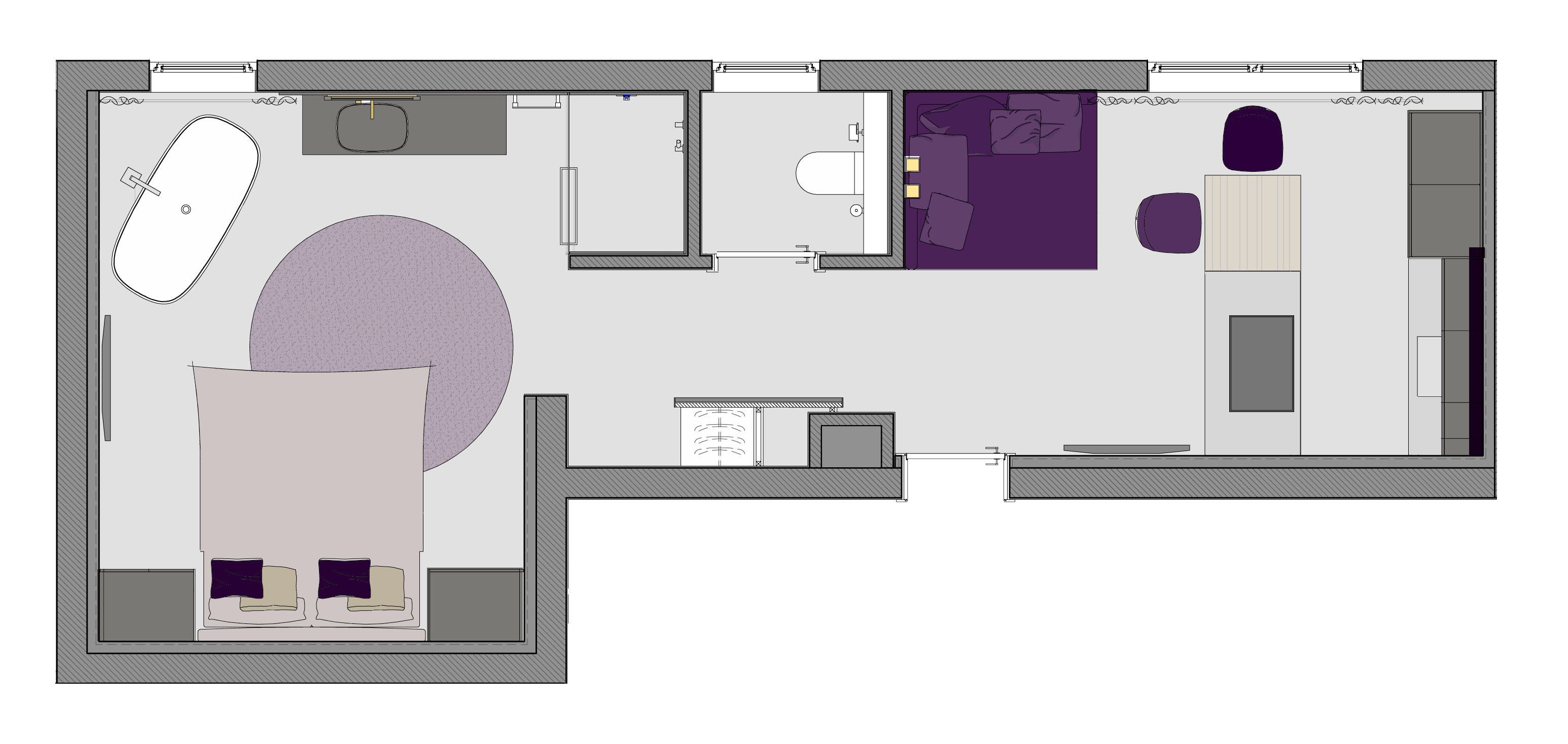 A hotel room layout with a bed, a bathroom, a seating area, and a small kitchenette.