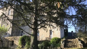 A stone building with a large tree in front, a stone staircase, and a well-maintained lawn.