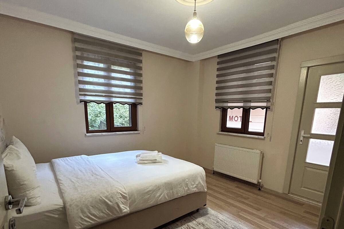 A bedroom with a bed, a radiator, and two windows with blinds.