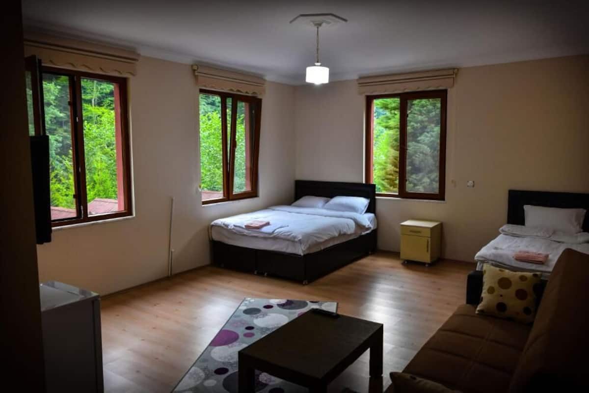 A bedroom with a bed, a small bedside table, a sofa, and a window with a view of greenery.