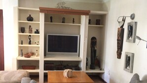 Un salon avec un canapé gris, une table basse en bois, un téléviseur posé sur un meuble, des étagères ornées de divers objets décoratifs et une lampe fixée au mur.