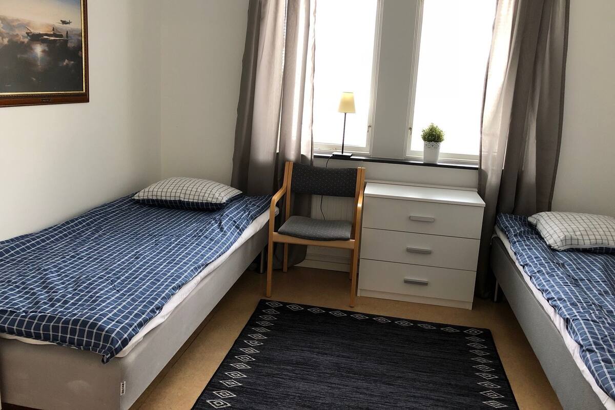 A room with two single beds, a desk with a chair, a small potted plant, and a window with curtains.