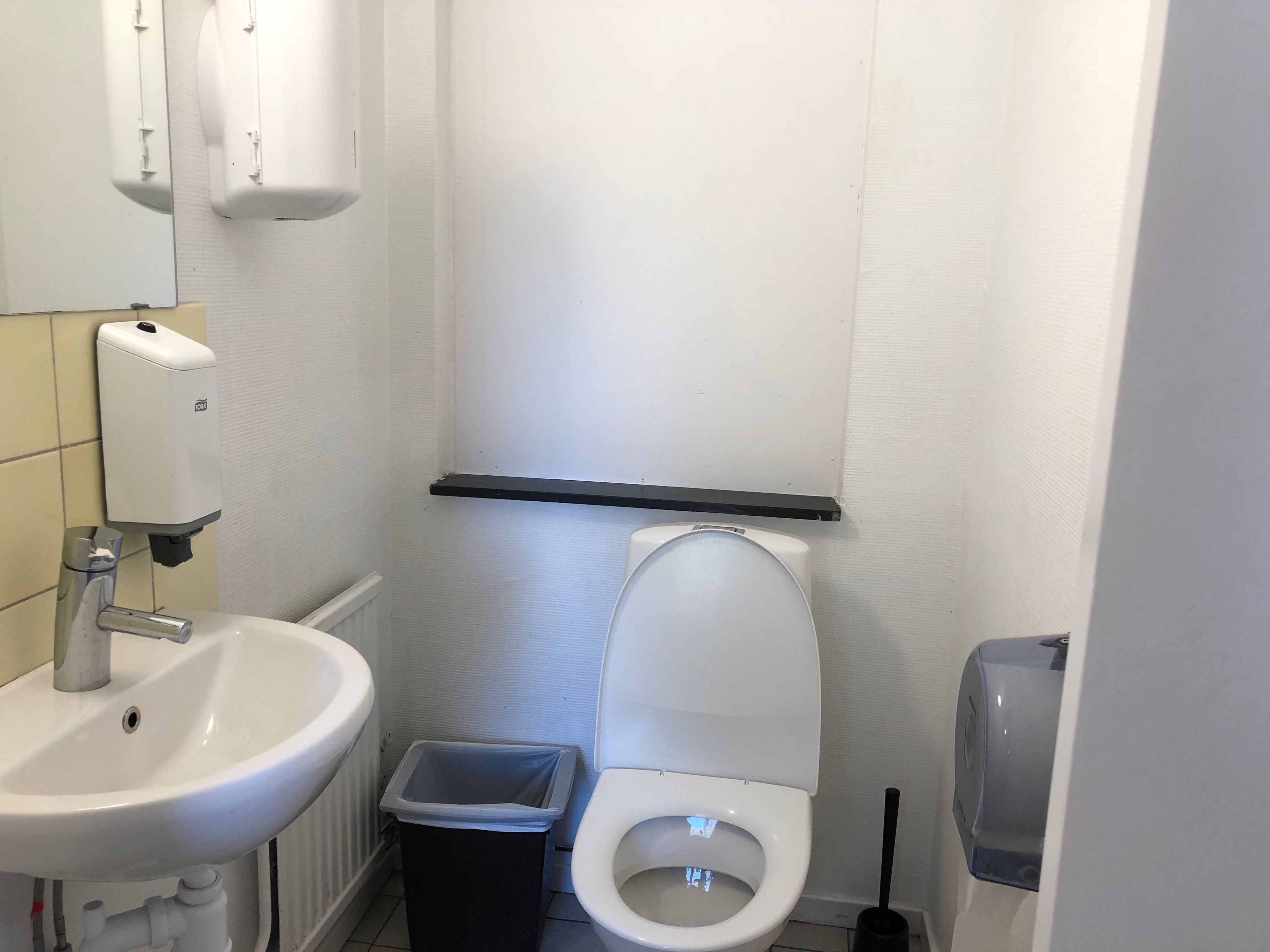 A small, clean bathroom with a white sink, toilet, and trash bin.