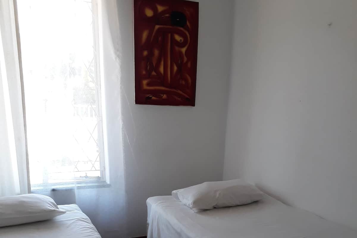 A room with two single beds, a window with curtains, and a painting on the wall.