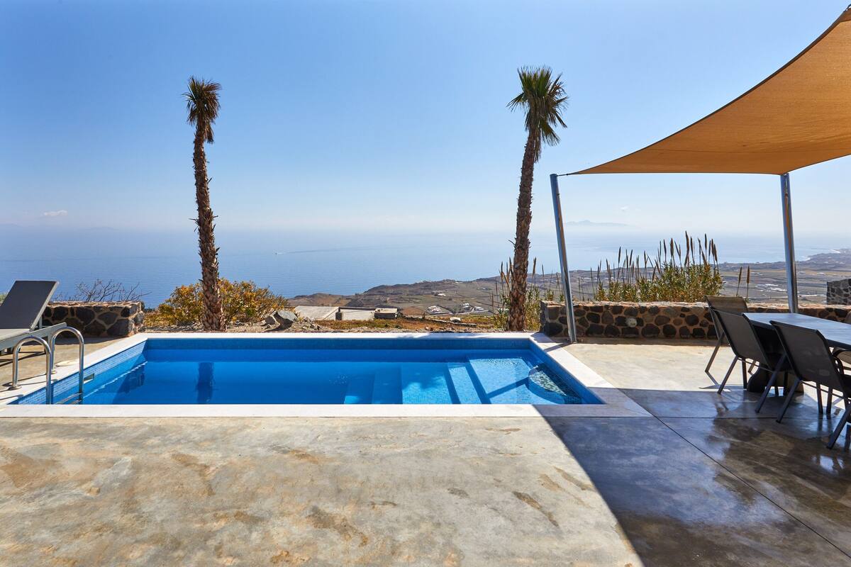 A swimming pool with a view of the sea, two palm trees, and outdoor seating.