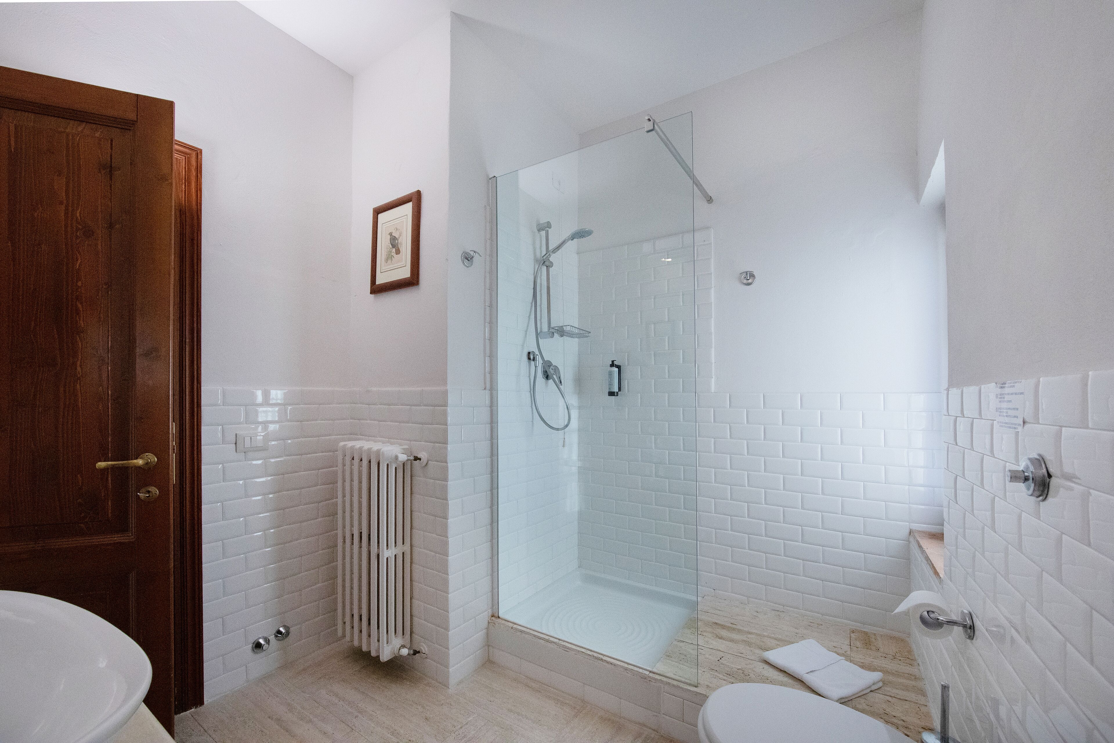 A modern bathroom with a glass-enclosed shower, a wooden door, and a white toilet.