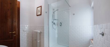 A modern bathroom with a glass-enclosed shower, a wooden door, and a white toilet.