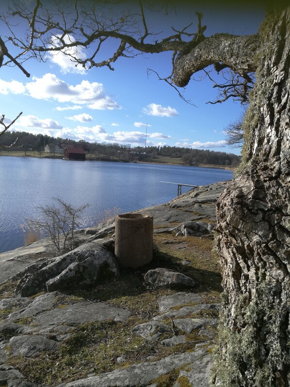 Vista de un lago con una estructura de piedra, un árbol y un edificio rojo a lo lejos.