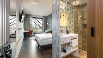 Desk, laptop workspace, blackout curtains, soundproofing