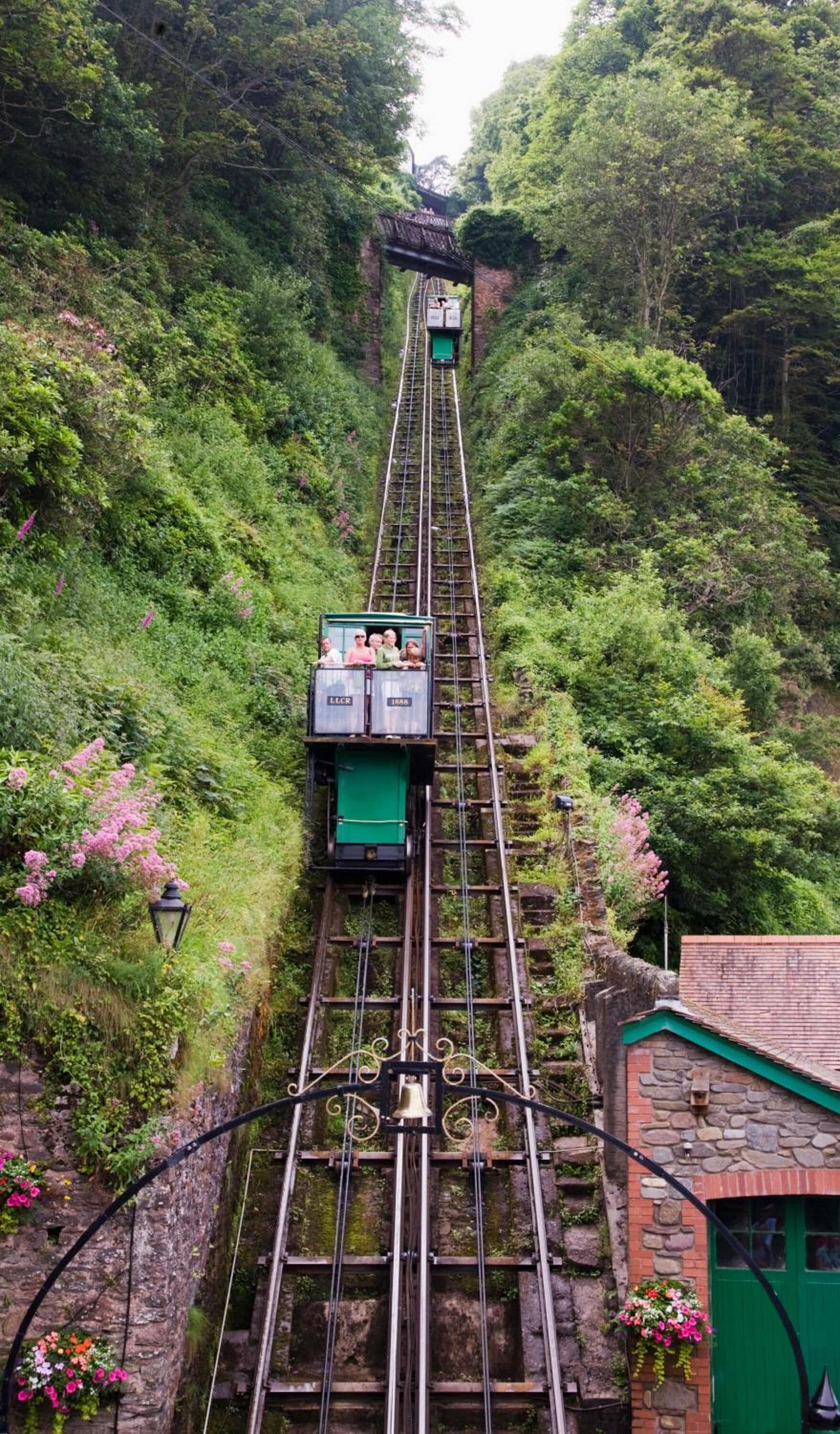 A cable car ascending a steep, narrow railway track surrounded by lush greenery.