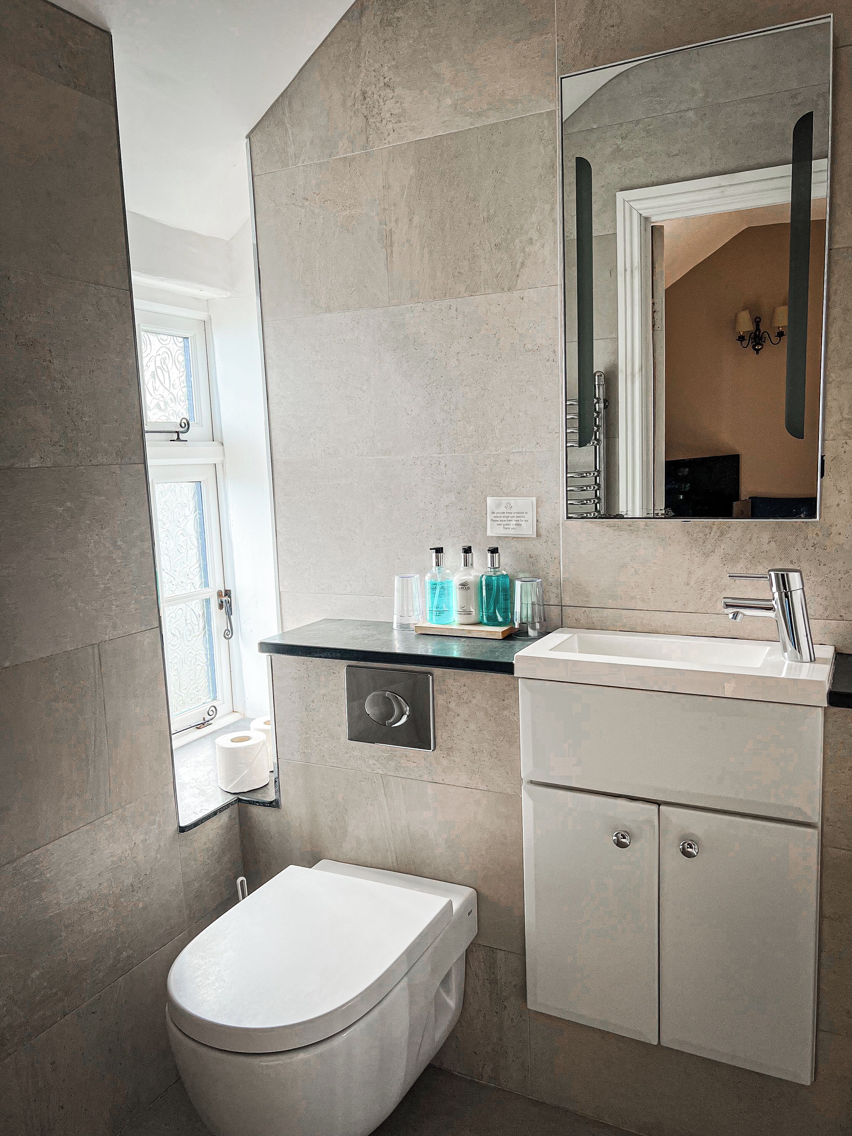 Ein modernes Badezimmer mit Toilette, Waschbecken und Spiegel.