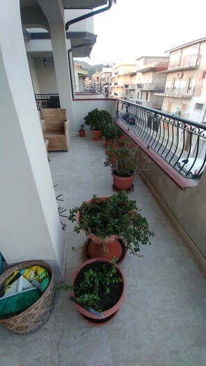 Un balcon agrémenté de plantes en pot, une chaise en osier et une vue sur les immeubles voisins.