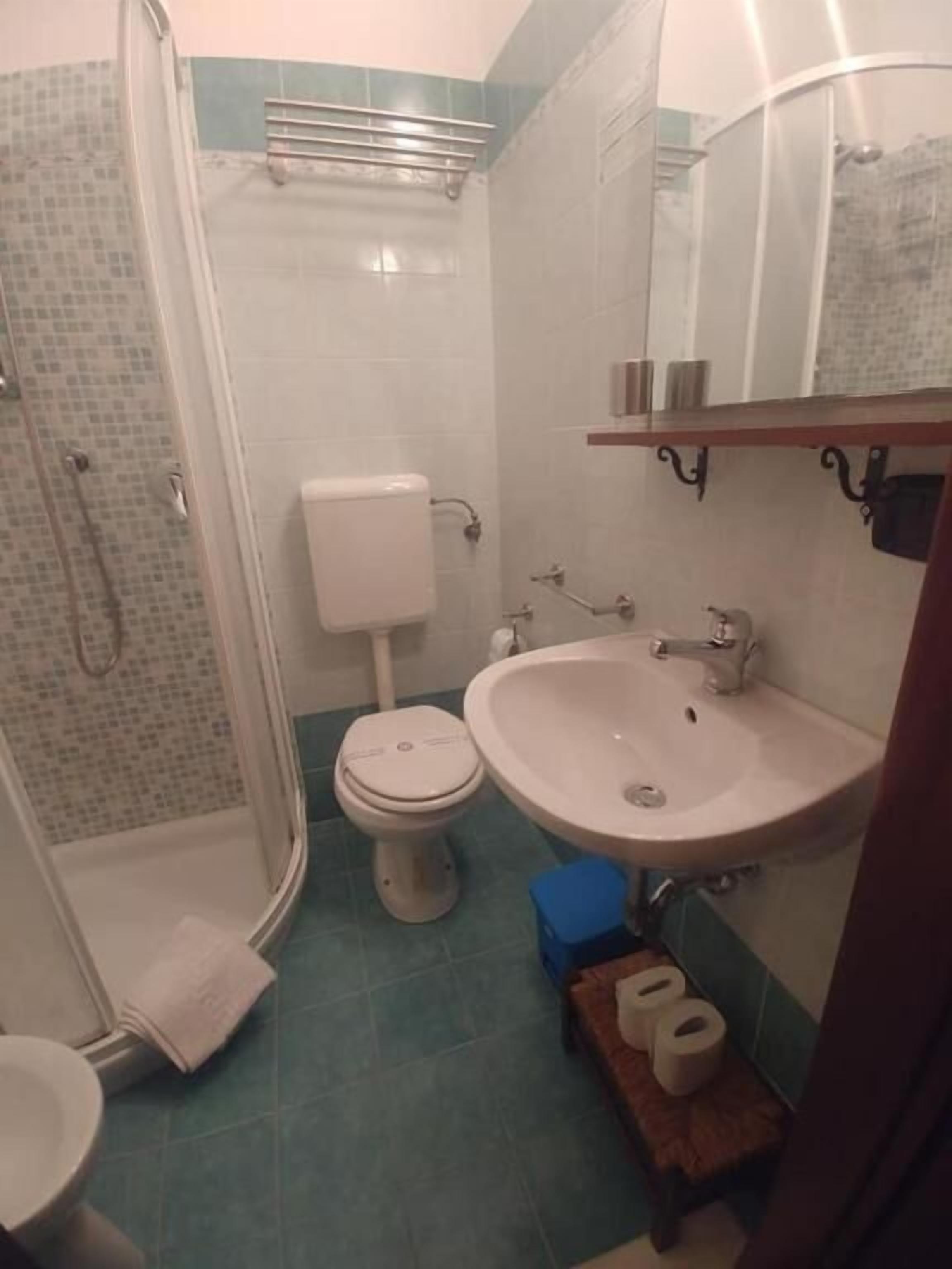 A bathroom with a toilet, sink, and shower.