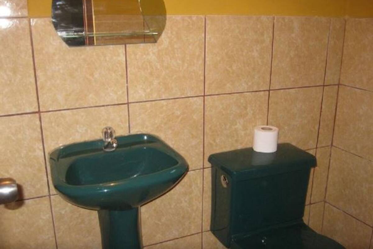 Une salle de bain avec un lavabo vert et des toilettes.