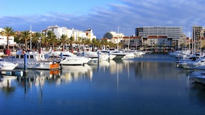 A marina with various boats docked, surrounded by buildings and palm trees. - Deluxe Apartment with 2 Bedrooms B - 2 Br apts (Albufeira)