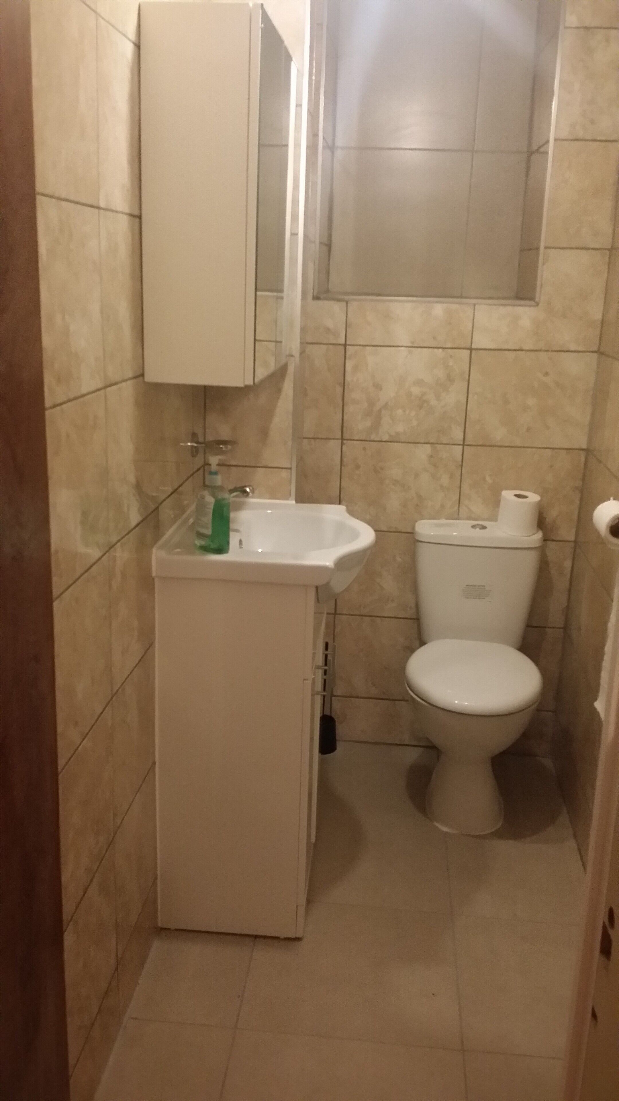 A small bathroom with a white sink, toilet, and mirror.