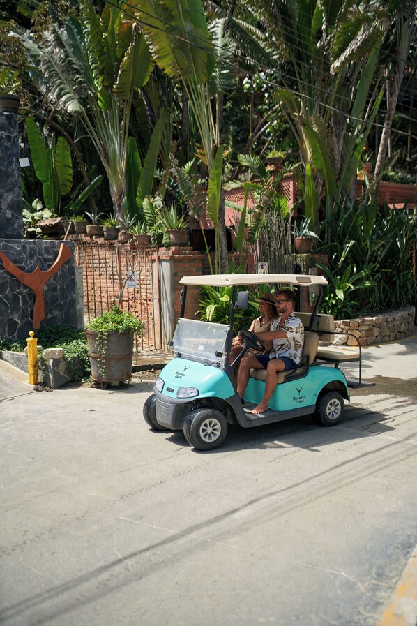 A turquoise golf cart with two passengers, parked on a street with a stone wall and tropical plants in the background.