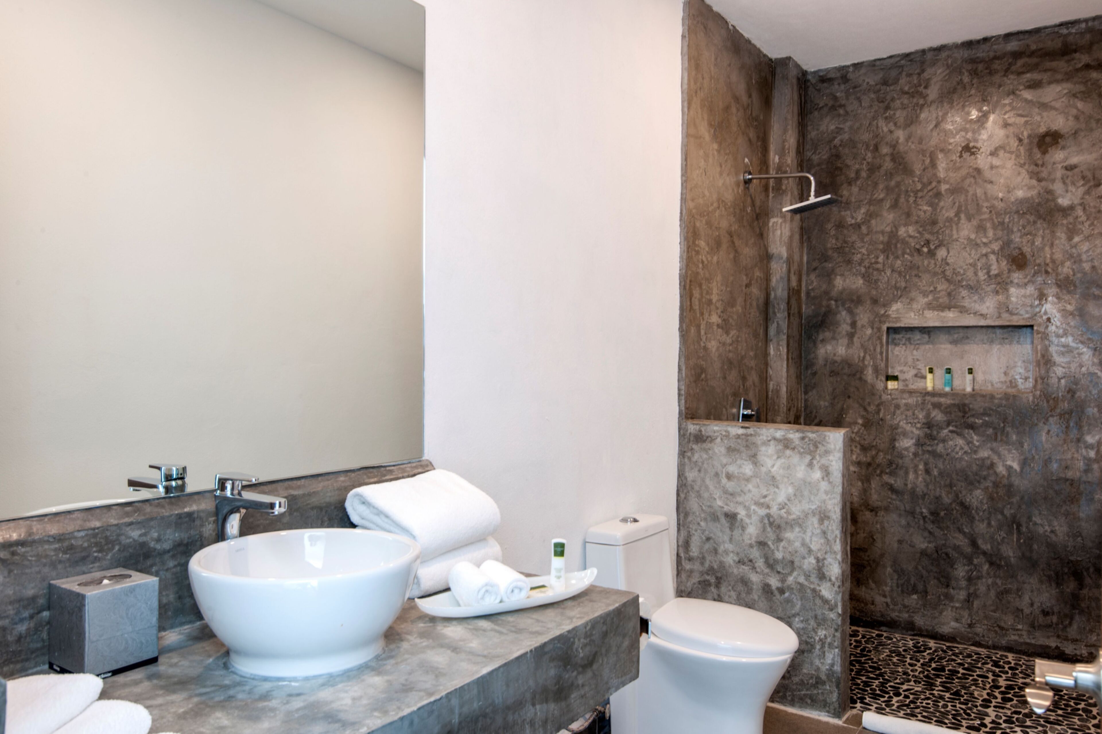 A modern bathroom with a large white sink, a toilet, and a shower area with a textured wall.