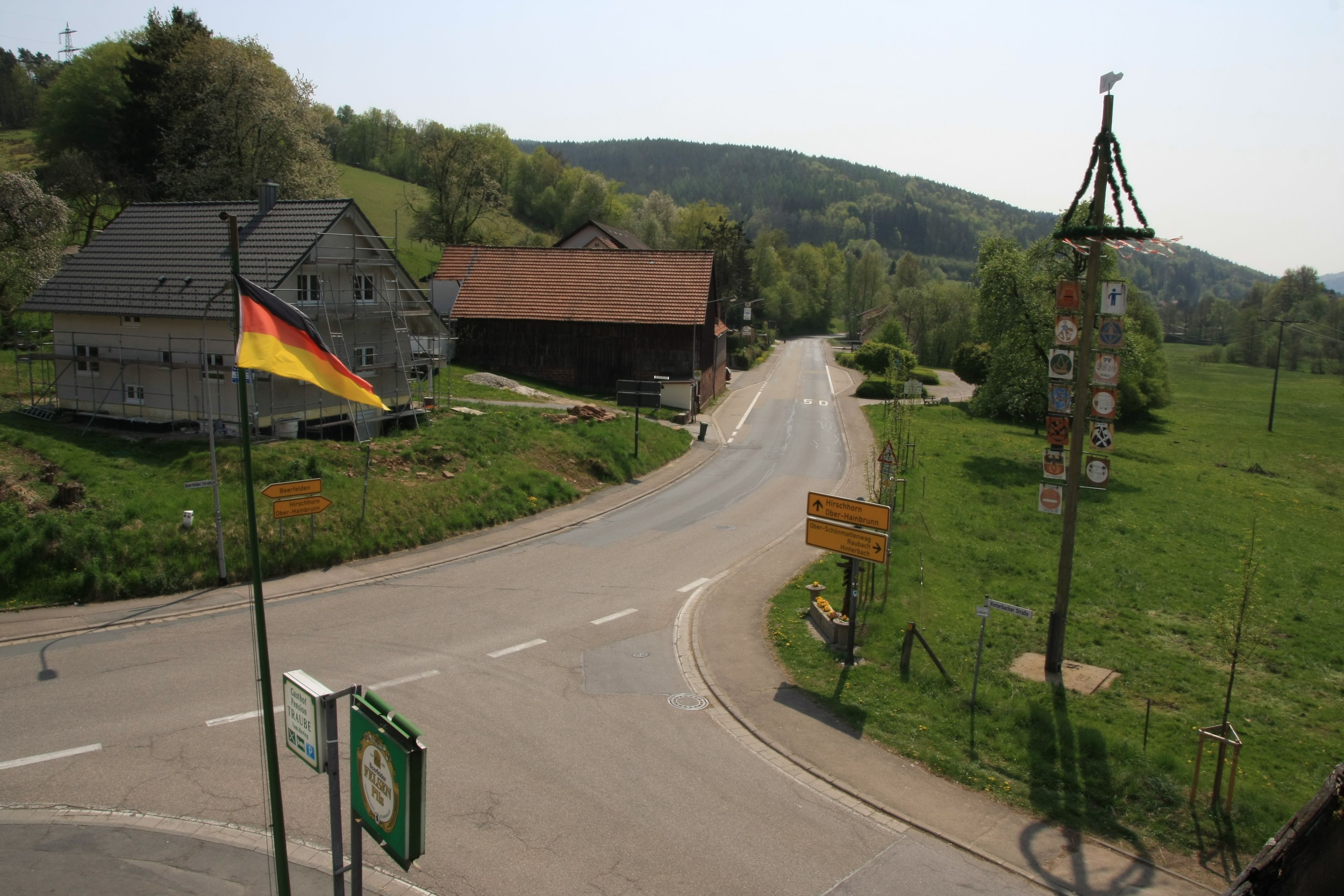 A rural road with a German flag, a barn, and directional signs.