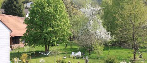 A garden with a white chair and table, surrounded by various plants and trees.