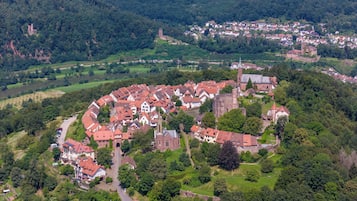 An aerial view of a historic town with a prominent church, surrounded by residential buildings and a castle on a hill.