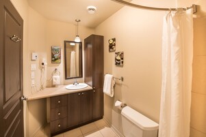 Combined shower/tub, free toiletries, hair dryer, towels