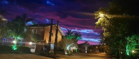 Un quartier résidentiel de nuit, avec des maisons, des arbres et un éclairage public.