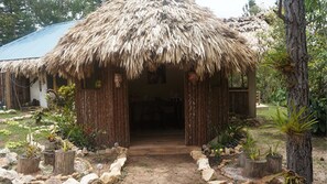 A thatched-roof hut with a dirt path leading to it, surrounded by rocks and plants.