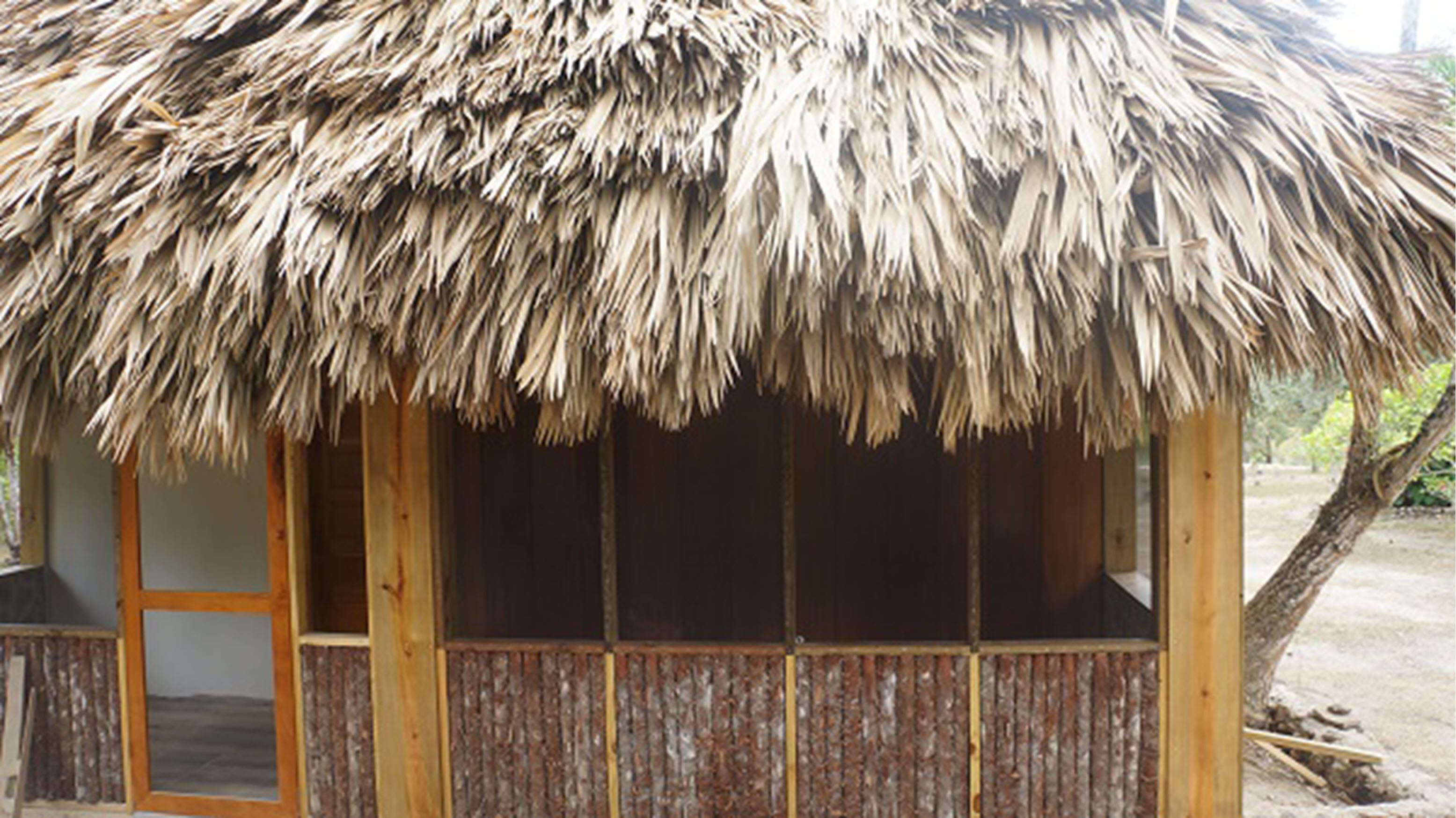 A thatched-roof hut with wooden walls and a window.
