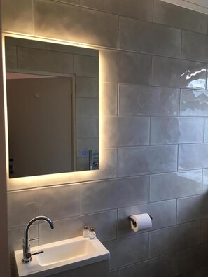 A bathroom with a white sink, a mirror, and a toilet paper holder. - The Grove (Whitby)
