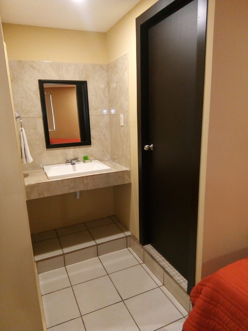 Un baño con un lavamanos blanco, un espejo y una puerta oscura.