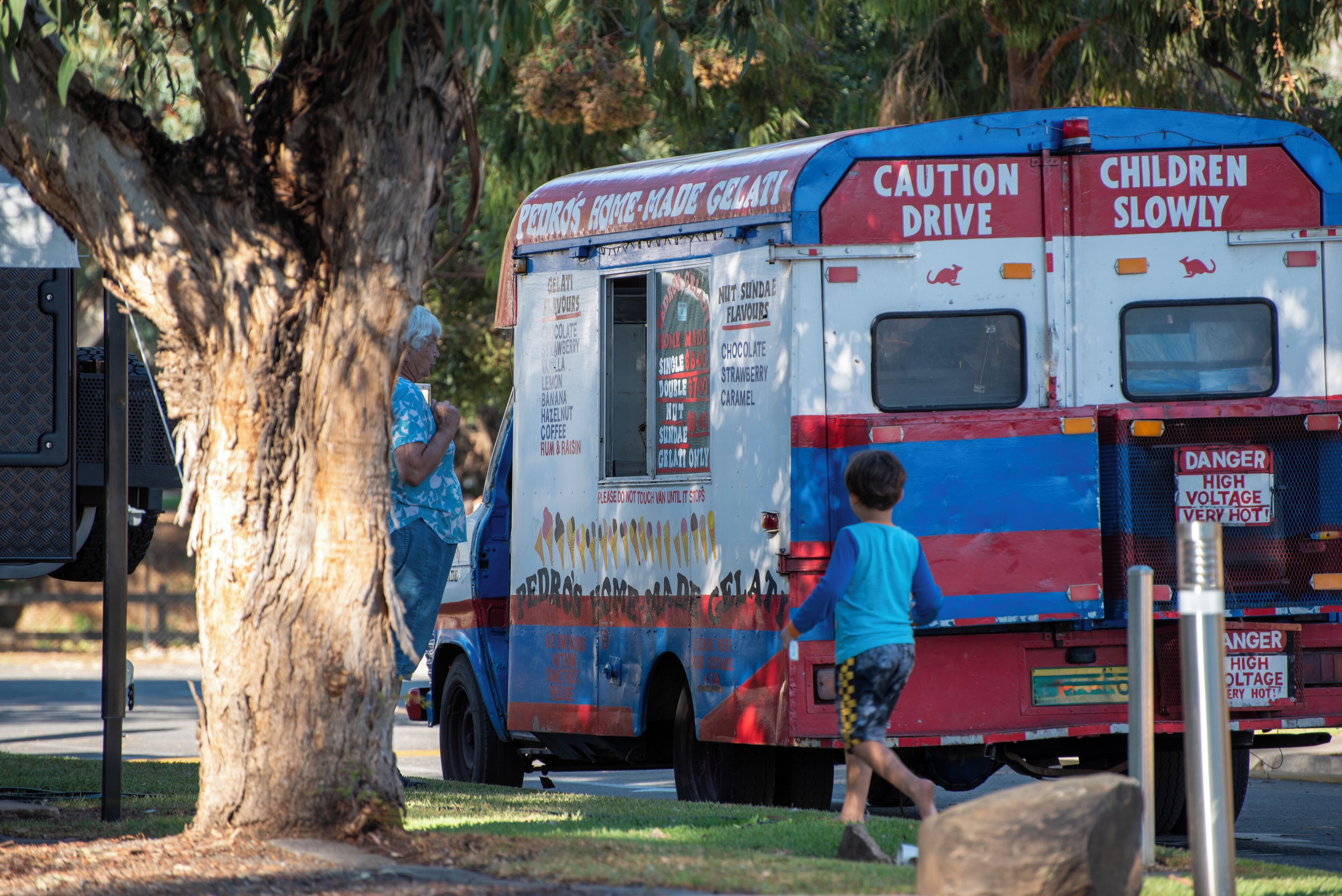 A colorful ice cream truck parked near a tree with a child walking by.