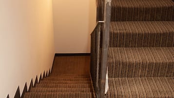 A carpeted staircase with a wooden handrail and a light fixture at the top.