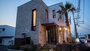 Une maison moderne à deux étages, avec une façade en briques, une entrée en pierre et un palmier dans le jardin.
